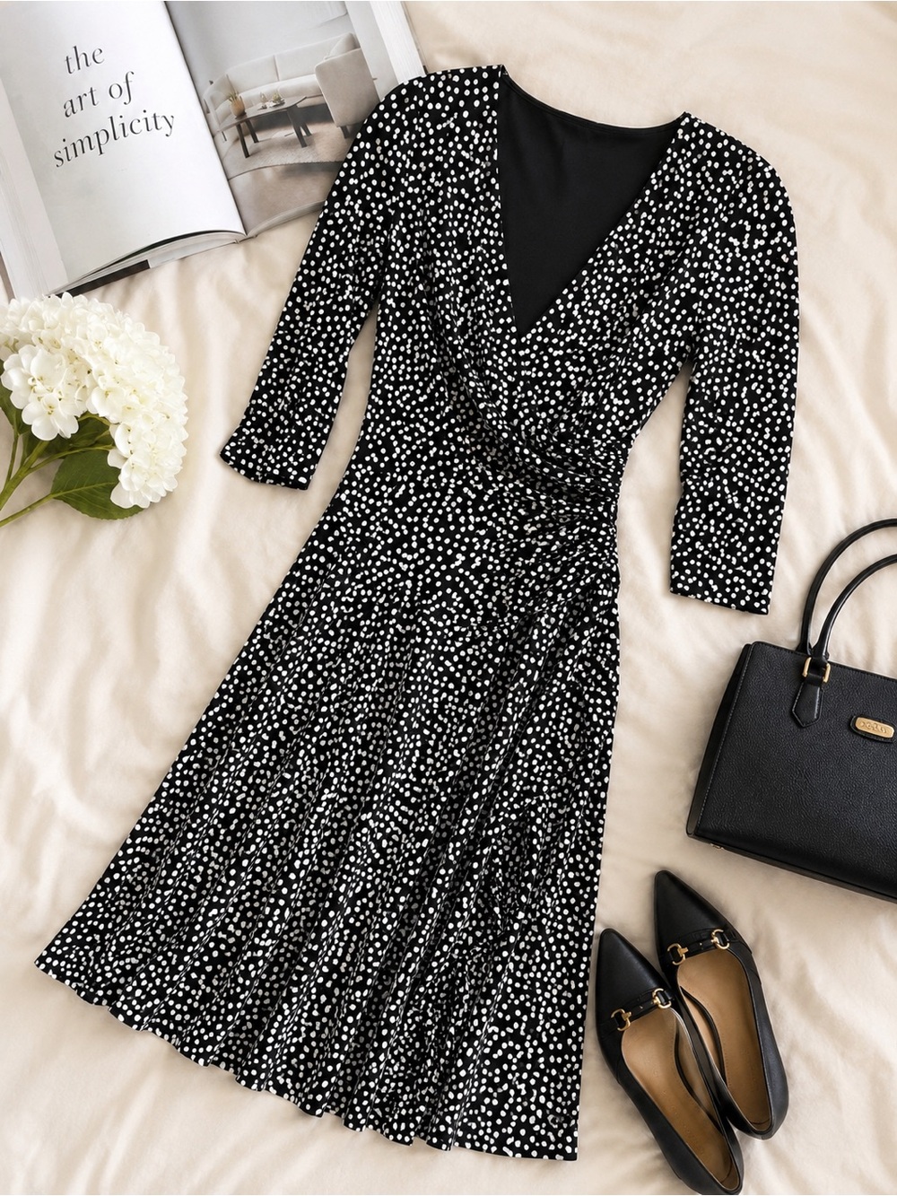 White House Black Market Black & White Dot Faux Wrap Dress – Size 8